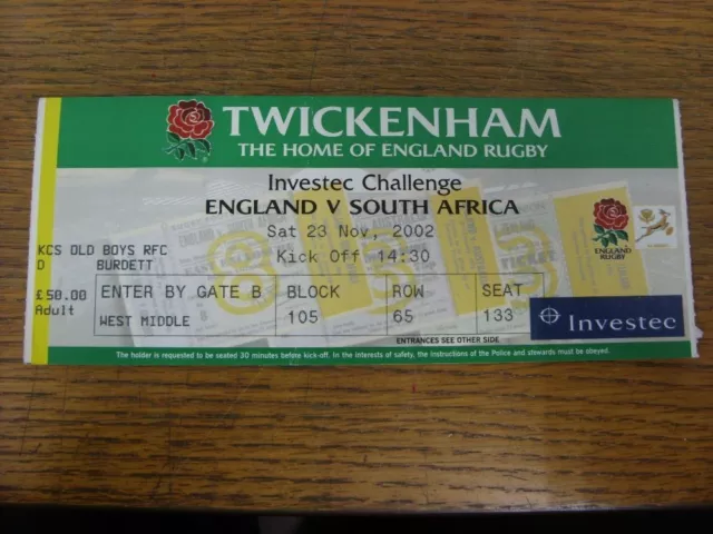 23/11/2002 Ticket: Rugby Union - England v South Africa [At Twickenham] (folded)