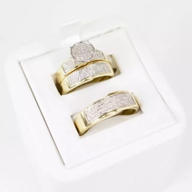 10k Yellow Gold Fn Trio Ring Set His Her Lab Created Diamond Engagement Wedding