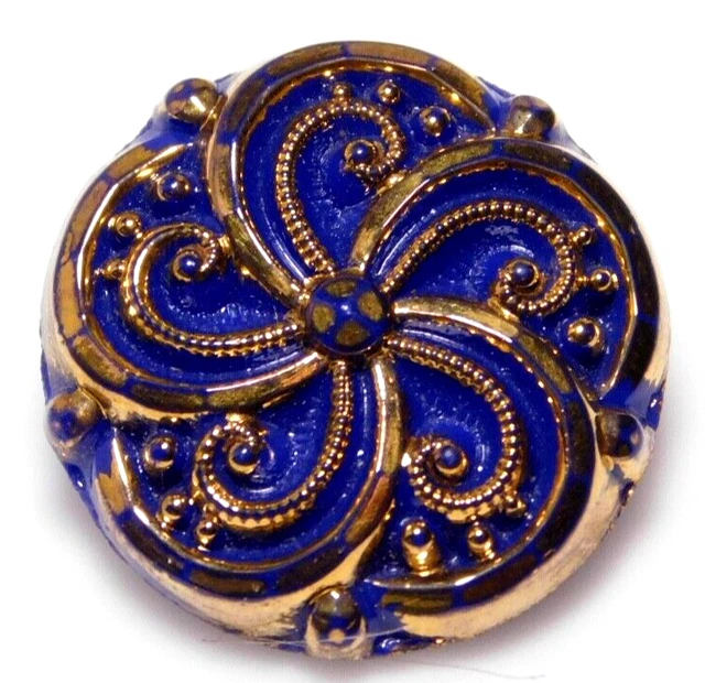 Antique Vtg Glass BUTTON Le Chic Spiral Flower w Heavy Gold NICE #J1
