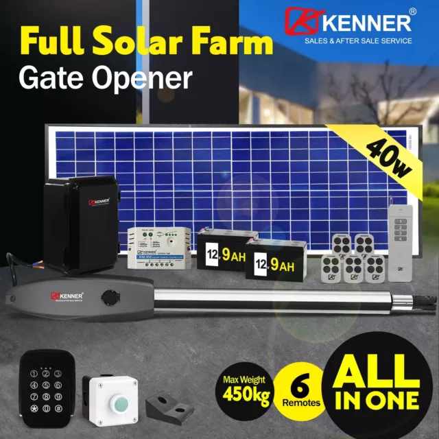 Kenner Farm Full Solar 40w Heavy Duty Single Swing Gate Opener 6x Remote Keypad