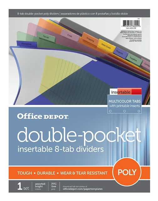 OFFICE DEPOT BRAND 8Tab DualPocket Insertable Plastic Divider Folder
