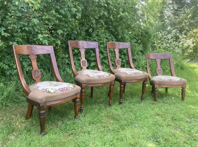 Antique Victorian Carved Bentwood Embroidered Oak Bedroom Dining Chairs x 4 #M