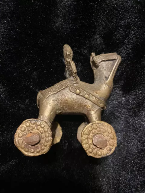 Antique Indian Brass Camel with Rider on Wheels Temple Toy 3”