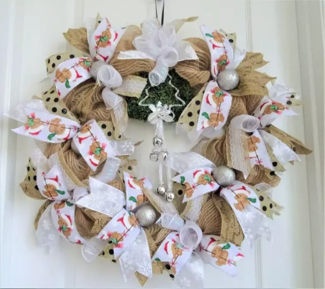 Handmade Christmas Wreath, Teddy bear, Red White Silver Linen Ribbons Stunning!