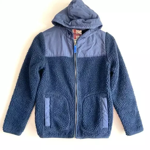 Mini Boden Johnnie b blue sherpa fleece jacket boys 11 12 full zip hood lined
