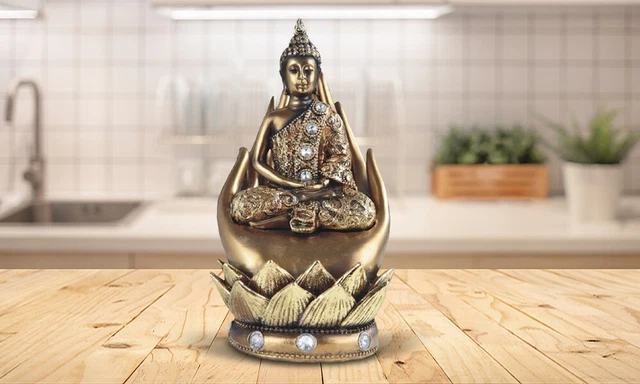 7.25"H Brass Color Thai Buddha Meditation on Palm Statue Figurine Room Decor