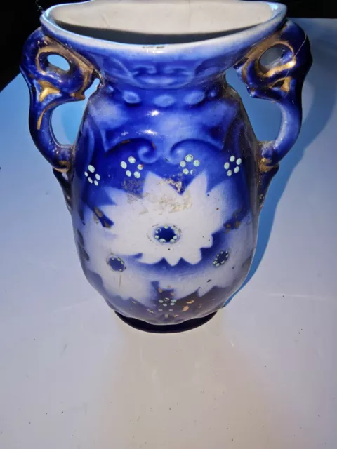 Floral Vase  Colbalt Blue white flowers  antique c 1900s Gloss