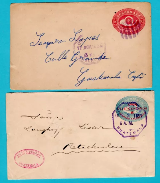 GUATEMALA 2 postal envelopes 1895-99 from and to Retalhuleu