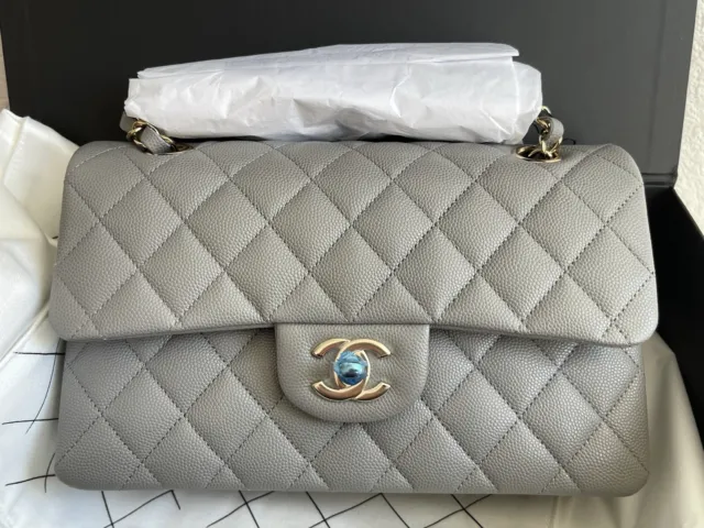 NEW w/ Tag CHANEL 22B Grey Caviar GHW Quilted SMALL Double Flap with Receipt