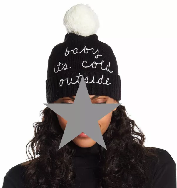 Kate Spade New York Hat Baby it's Cold Outside Pom Knit Beanie Black White New