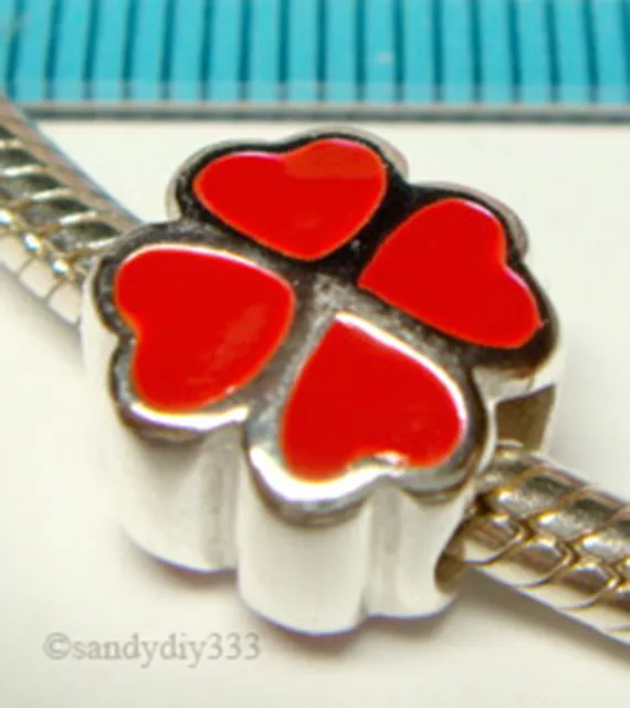 1x STERLING SILVER RED HEART 4 LEAF CLOVER EUROPEAN BRACELET CHARM BEAD J138