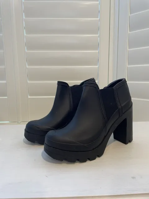 Hunter Chelsea Chunky High Heel Platform Lug Sole Rain Ankle Boots Sz 9 Black