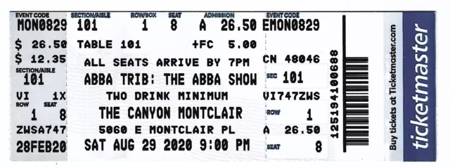 Abba Tribute: The Abba Show 8/29/20 Montclair CA Rare Ticket!