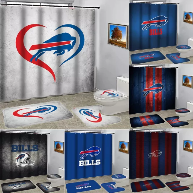 Buffalo Bills 4PCS Bath Set Non-Slip Rugs Shower Curtain Toilet Lid Cover Gifts