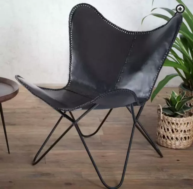 Handmade Schwarz Buffalo Leder Schmetterling Sessel Lounge Relax Wohnkultur