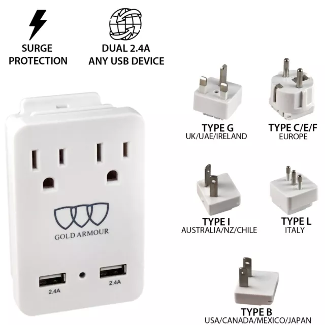 International Travel Adapter 2000W, 5 World Travel Adapter Kit, 2USB+2 US Outlet