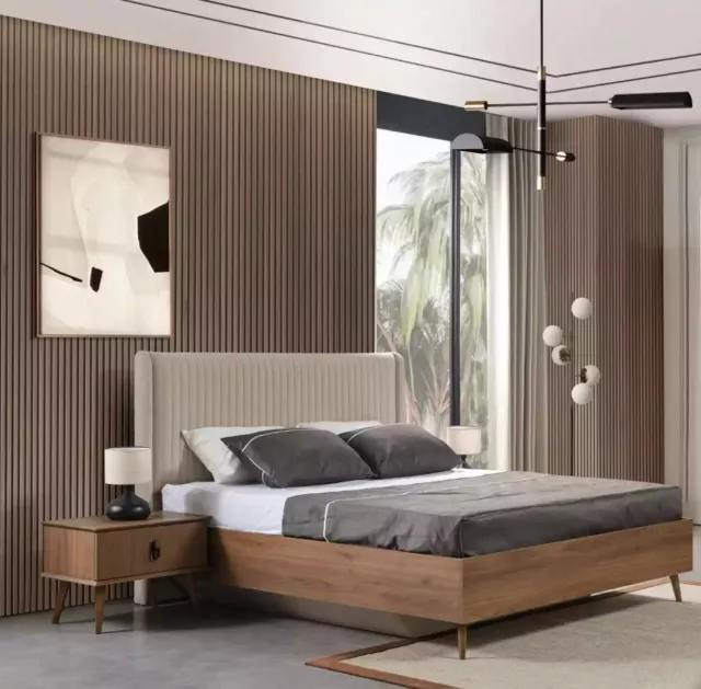 Lit 2x Nachttische 3tlg. Chambre à Coucher Design Meuble Braun Bois Neuf Set