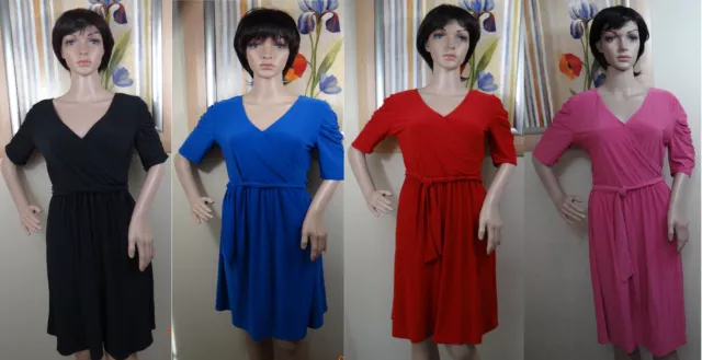 NWT NY COLLECTION short gathered sleeve blue,red,black jersey belted dress,S-XL