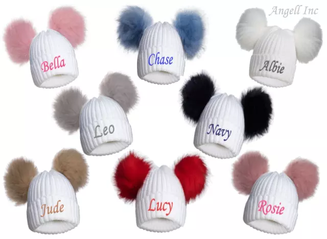 PERSONALISED BABY FUR POM POM HAT KNITTED WINTER WHITE PINK BLUE GREY GIFT 0-12m