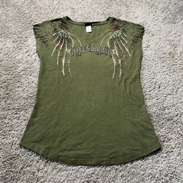 Harley Davidson Womens XL USA Shirt Olive Green Rhinestone Studded Wings Y2k