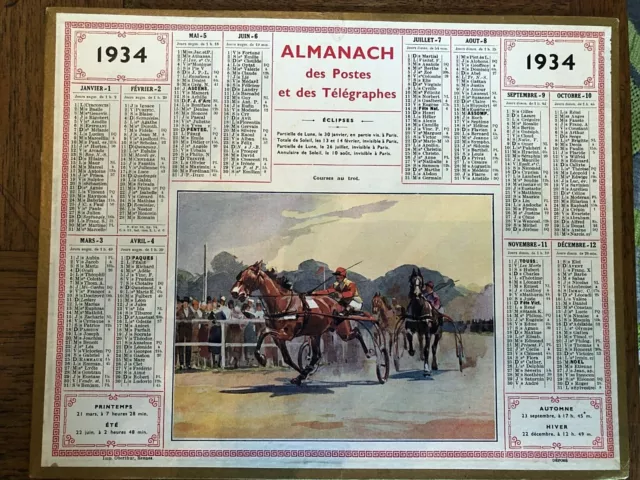 1934 - Calendrier, Almanach Des Postes Ptt " Courses Au Trot " Vosges