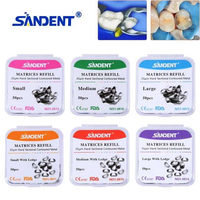 Lot De 50 Matrices Dentaires Sectionnelles - Bandes Métalliques Profilées S/M/L, épaisseur 0.035mm, Pour Laboratoire