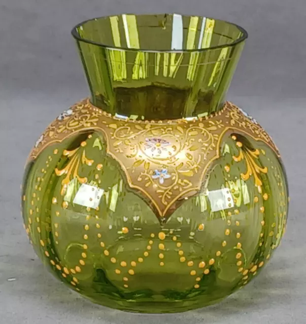 Bohemian Moser Type Enameled Floral & Gold Orange Bead Swags Green Glass Vase