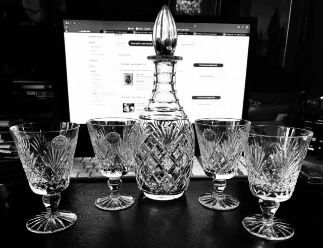 Vintage Webb Corbette Cut Glass Lead Crystal Decanter and 4 Glasses