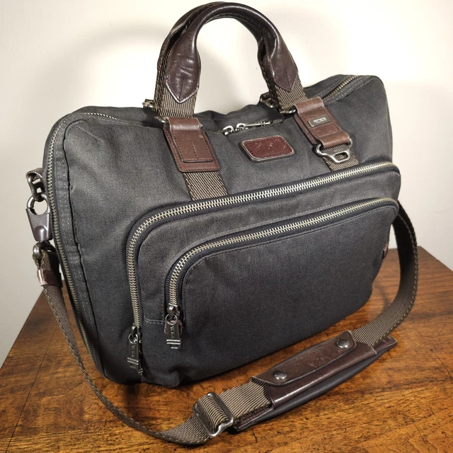 TUMI Alpha Bravo Yuma Grey Canvas Brown Leather Messenger Bag Briefcase Attache