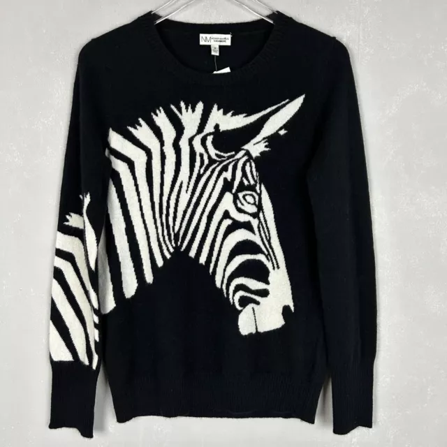 Neiman Marcus women size M 100% cashmere sweater black zebra graphic NEW