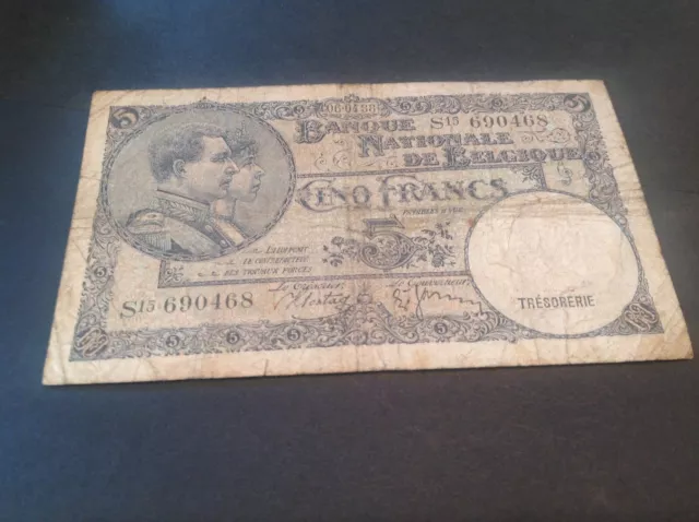 5 Belgium Francs Banknote dated 06/04/38