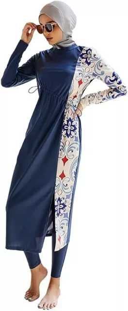 Imekis Muslim Full Cover Swimwear 3 Piece Floral Modest Long Sleeve Blue Large