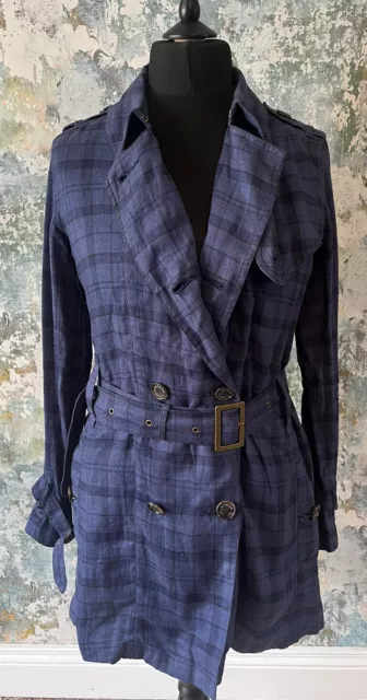 Barbour 100% Linen Trench Coat in Blue Check Tartan, Ladies Jacket, RARE UK 10
