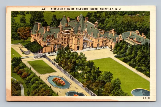 Asheville NC Airplane View of Biltmore House George W Vanderbilt Linen Postcard