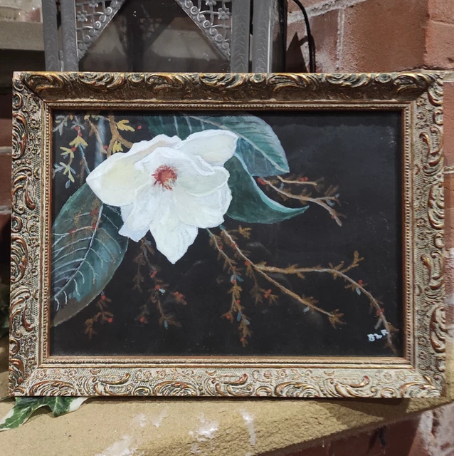 WHITE MAGNOLIA BLOOM Oil Painting On Board Signed Gold Frame Size 12" x ...