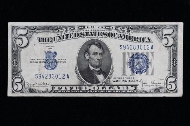 $5 1934D blue seal Silver Certificate Circulated S94283012A Exact Note Shown