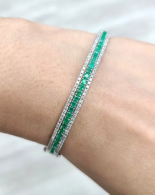 Deal! 2.10CTW Natural Genuine Emerald & Diamond Tennis Bangle Bracelet 14K Gold