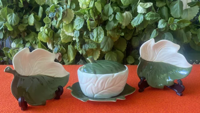 VTG CARLTON WARE 2-Tone ‘Leaf ‘ Sugar Bowl w/ Plate + 2x Pin Dishes-HANDPAINTED