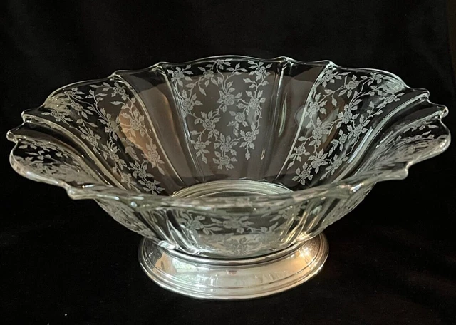 Beautiful Etched Scalloped Glass Bowl with Sterling Silver Base Floral Vine Pat