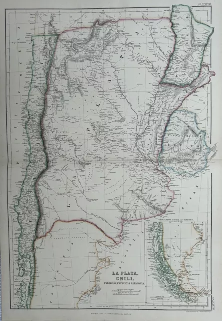 1860 La Plata, Chile, Patagonia Beautifully Hand Coloured Antique Map by Blackie