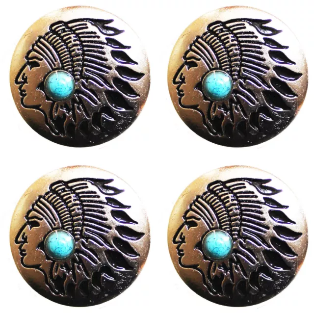 Concho Set of 4 Conchos Western Saddle Tack Indian Chief Head Turquoise 401540