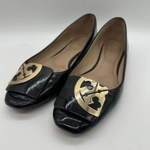 Tory Burch Womens 8 Black Patent Leather Square Toe Gold Logo Ballet Flats