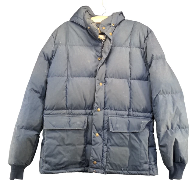 EDDIE BAUER MEN'S Goose Down Hooded Puffer Jacket Blue Medium Vintage