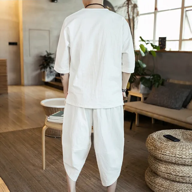 Uomo Camicia E Pantaloni Capri Set Completo 3/4 Manica Rana Bottoni T-Shirt Top