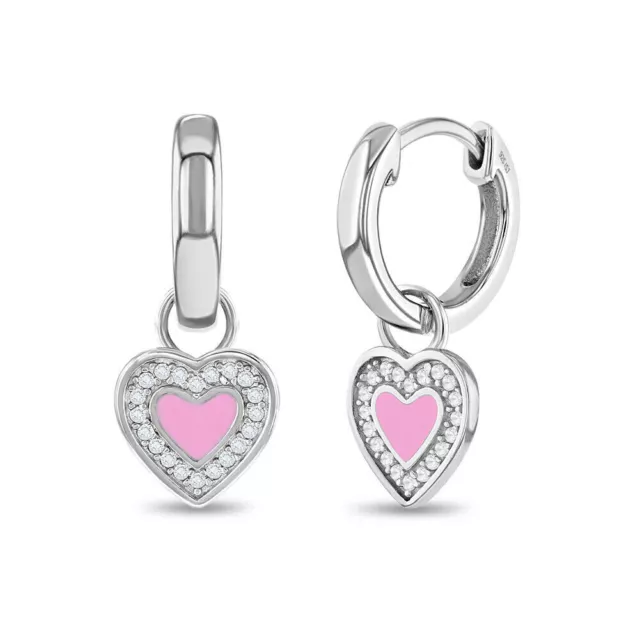 CZ Heart Dangle 9mm Kids / Children's / Girls Earrings Hoop - Sterling Silver