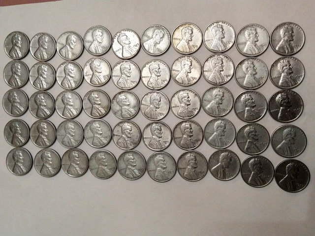 1943-D Lincoln Steel Wheat Penny Cent Roll 50 coins  lot 500