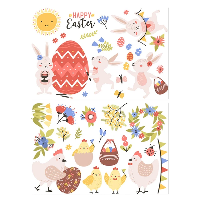 2 Sheets Autocollants Muraux De Pâques Sticker Oeuf De Lapin Décor Rose Décorer