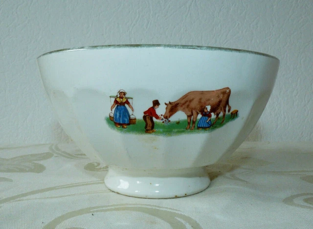Ancien Bol à Petit Déjeuner en Faience Décor Vache Paysans Campagne n°7b
