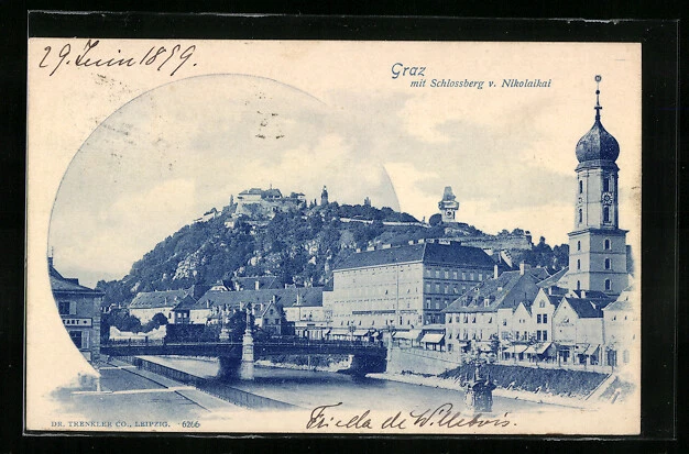 Ansichtskarte Graz, Ortspartie mit Schlossberg v. Nikolaikai 1899