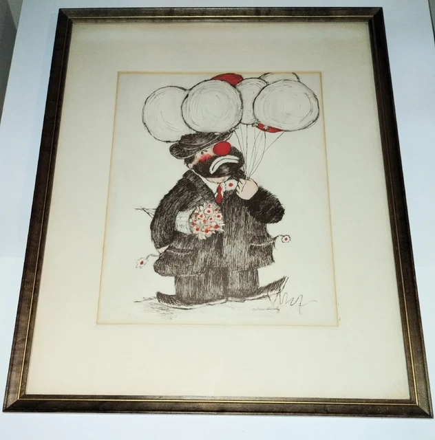 Clown picture with glass and frame 21.5 x 17.5 Arthur Swartz lot 3 ballons